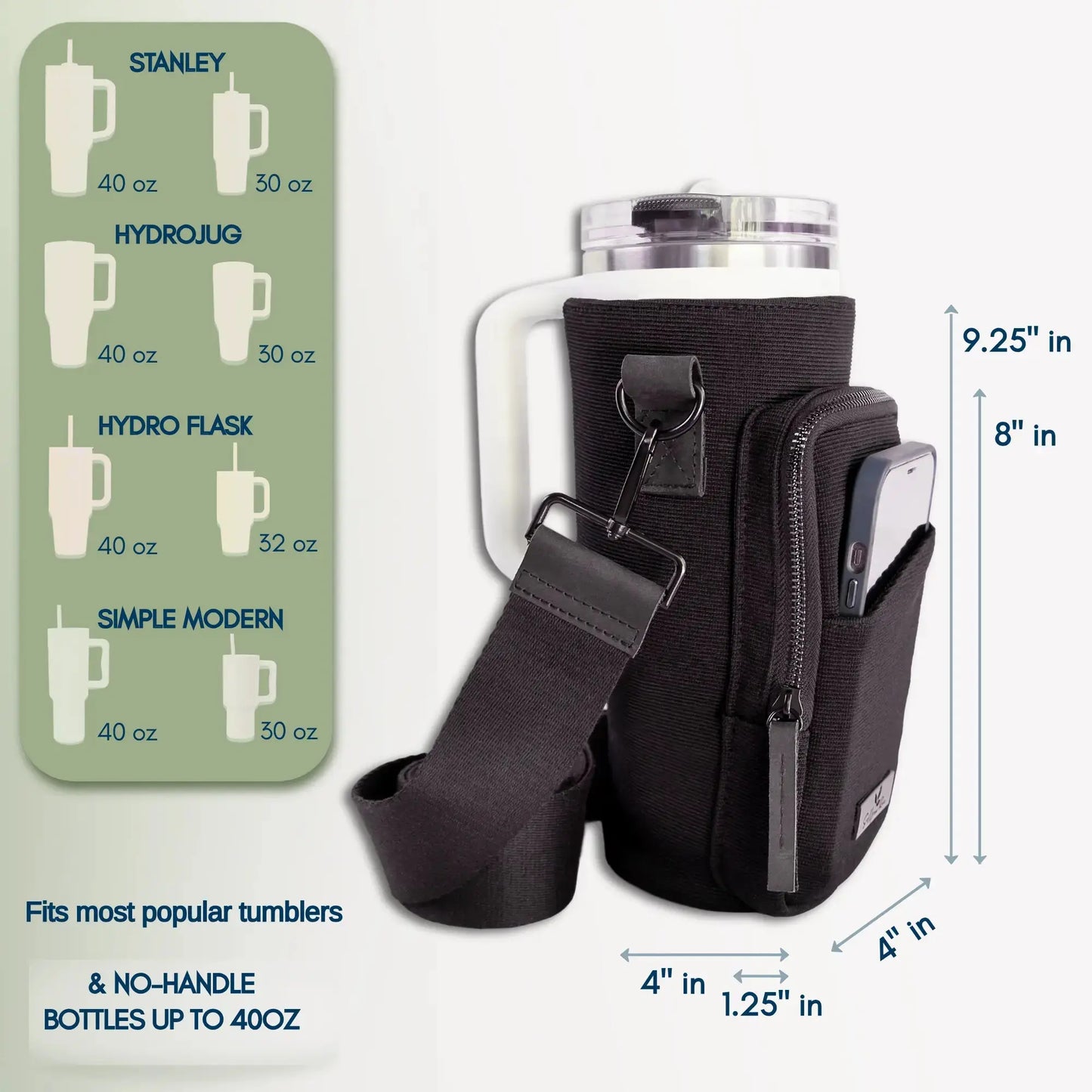Size dimensions for Solly and Rue water bottle purse.
