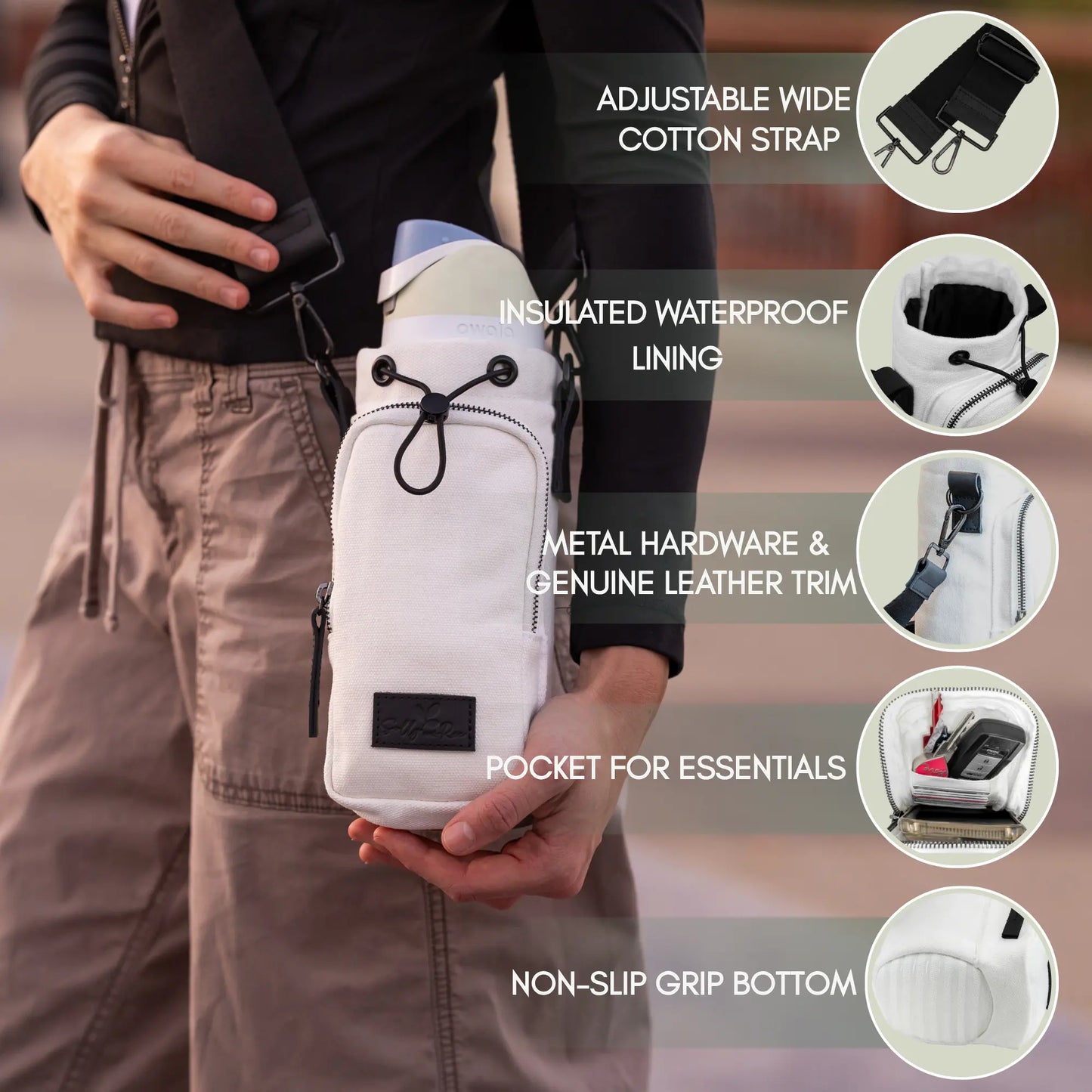 Cotton Canvas Water Bottle Bag Solly and Rue bag features