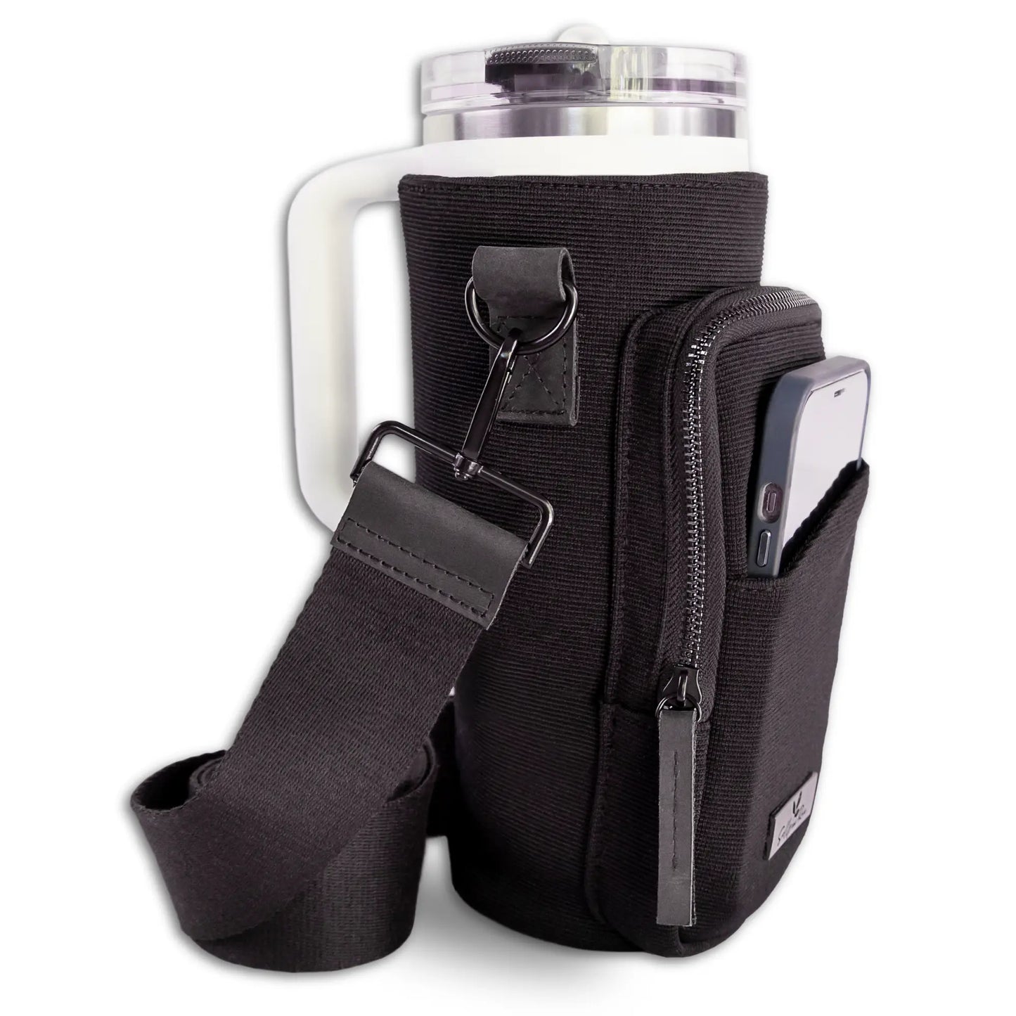Premium insulated tumbler purse with adjustable crossbody strap, designed to fit handled and no-handle water bottles. Ideal for walks, traveling, gym, shopping and everyday use.
