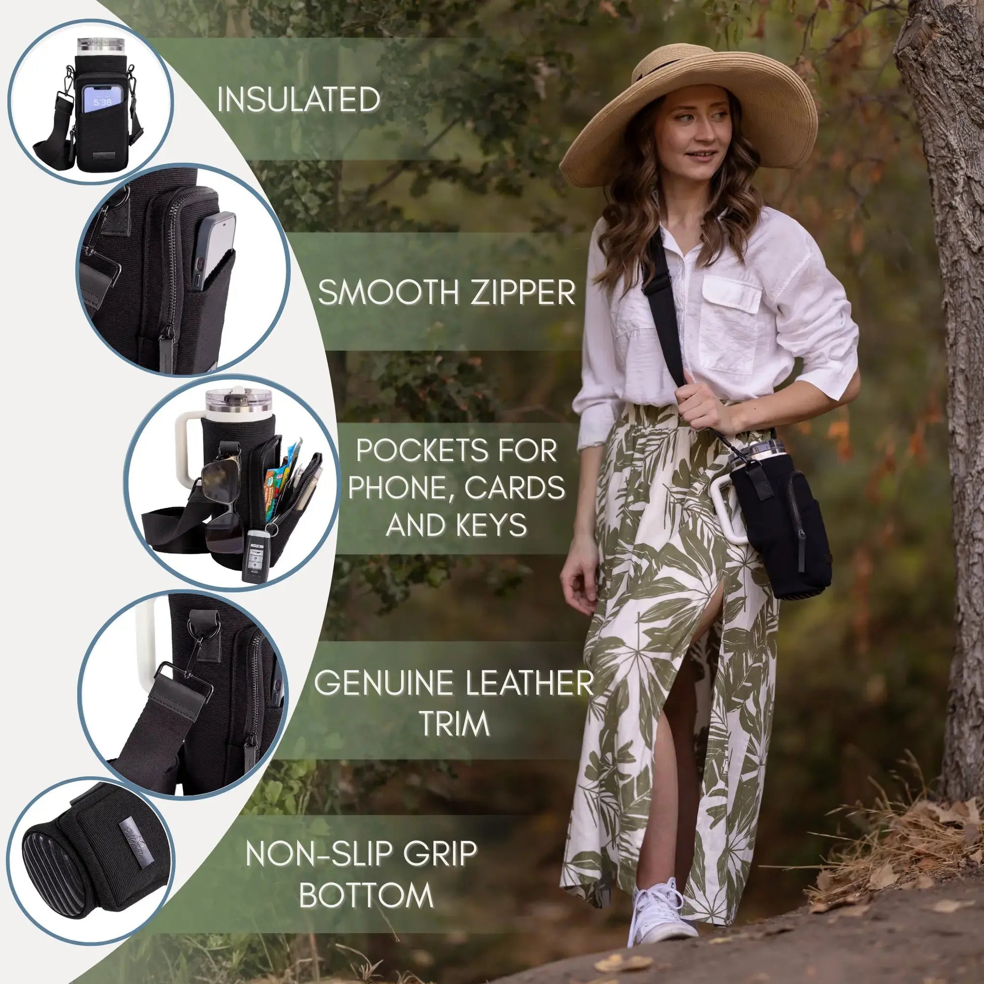 Solly and Rue tumbler purse features include; insulated, smooth zipper, pockets for phone, cards, and keys, genuine leather trim and non-slip bottom.